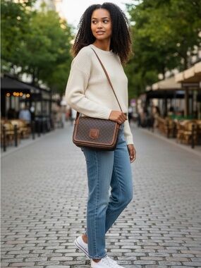 Celine Vintage Macadam Leather Flap Crossbody bag w/ Triomphe Logo Patch w/ COA